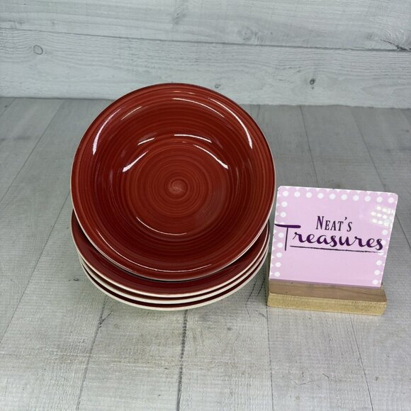 Dover & York RINGS SWIRL Circles Rust Red Stoneware Cereal Soup Bowls Set of 4 - Picture 1 of 16